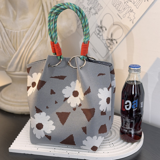 Ritva - Grey Floral Knitted Tote Bag