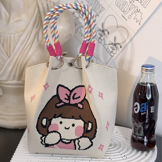 Ritva - Pink Bow Cutie Knitted Tote Bag