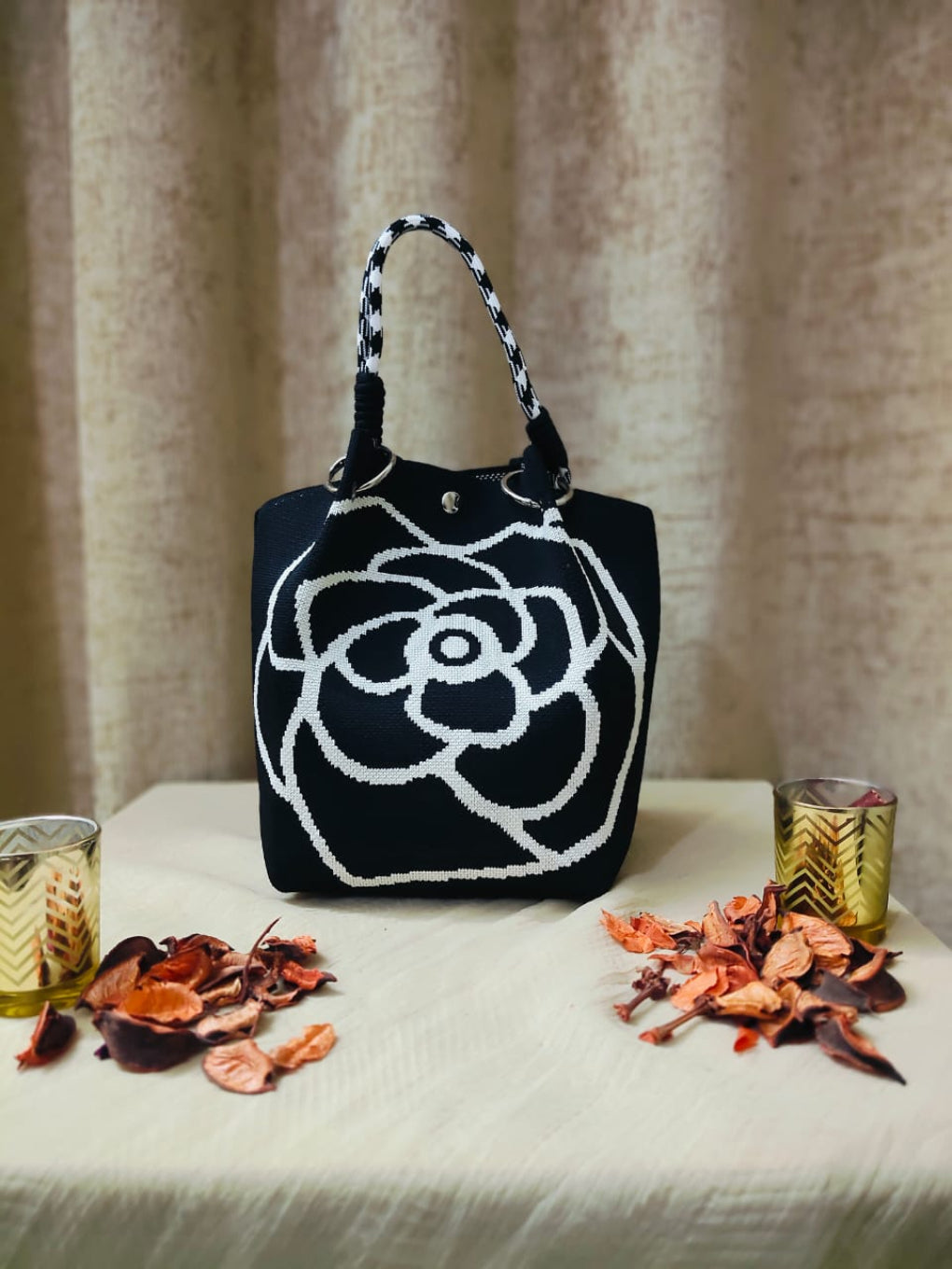 Black Monochrome Flower Tote