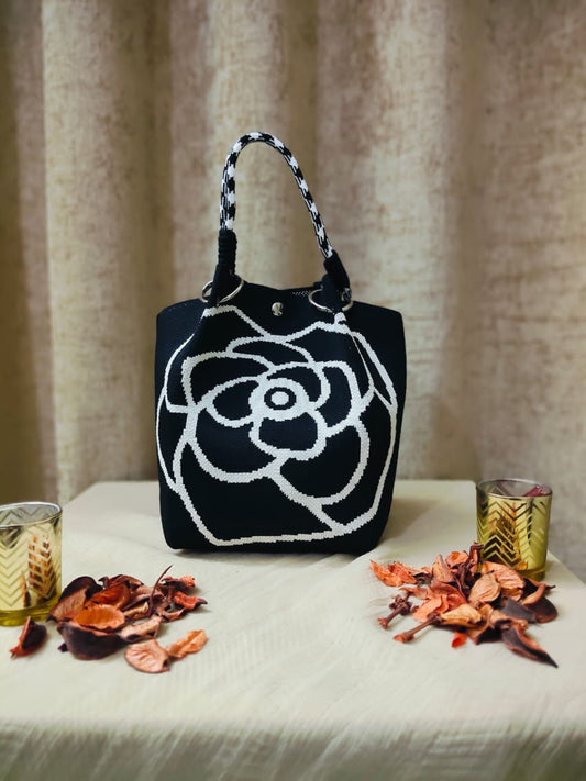 Black Monochrome Flower Tote